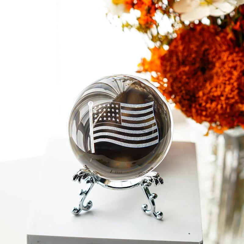 ZEERSHEE 2.3in 3D USA Flag Crystal Ball with Stand American Flag for Military Men Souvenirs Home Decor - Image 1